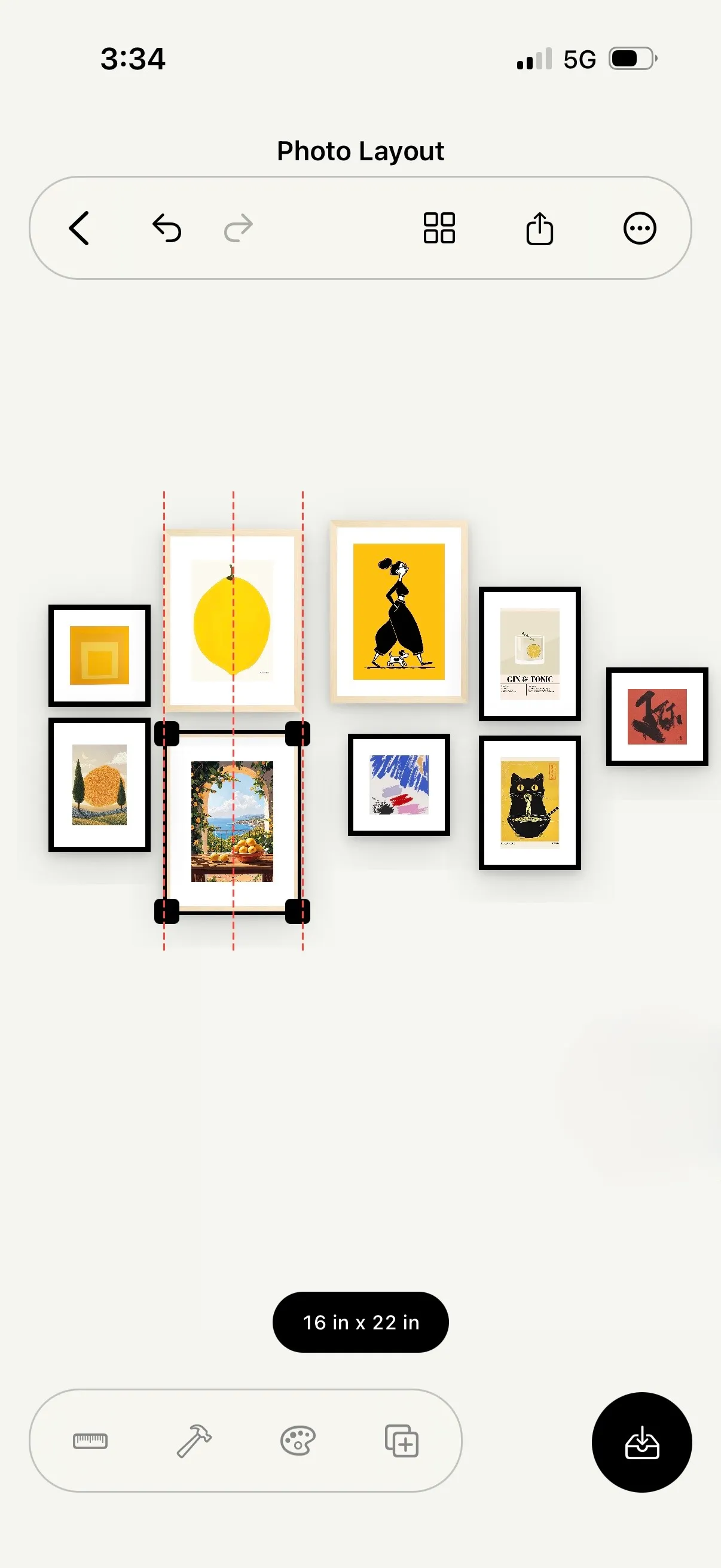 Suprtiles iPhone canvas showing a gallery wall layout with alignment guides and a selected frame.