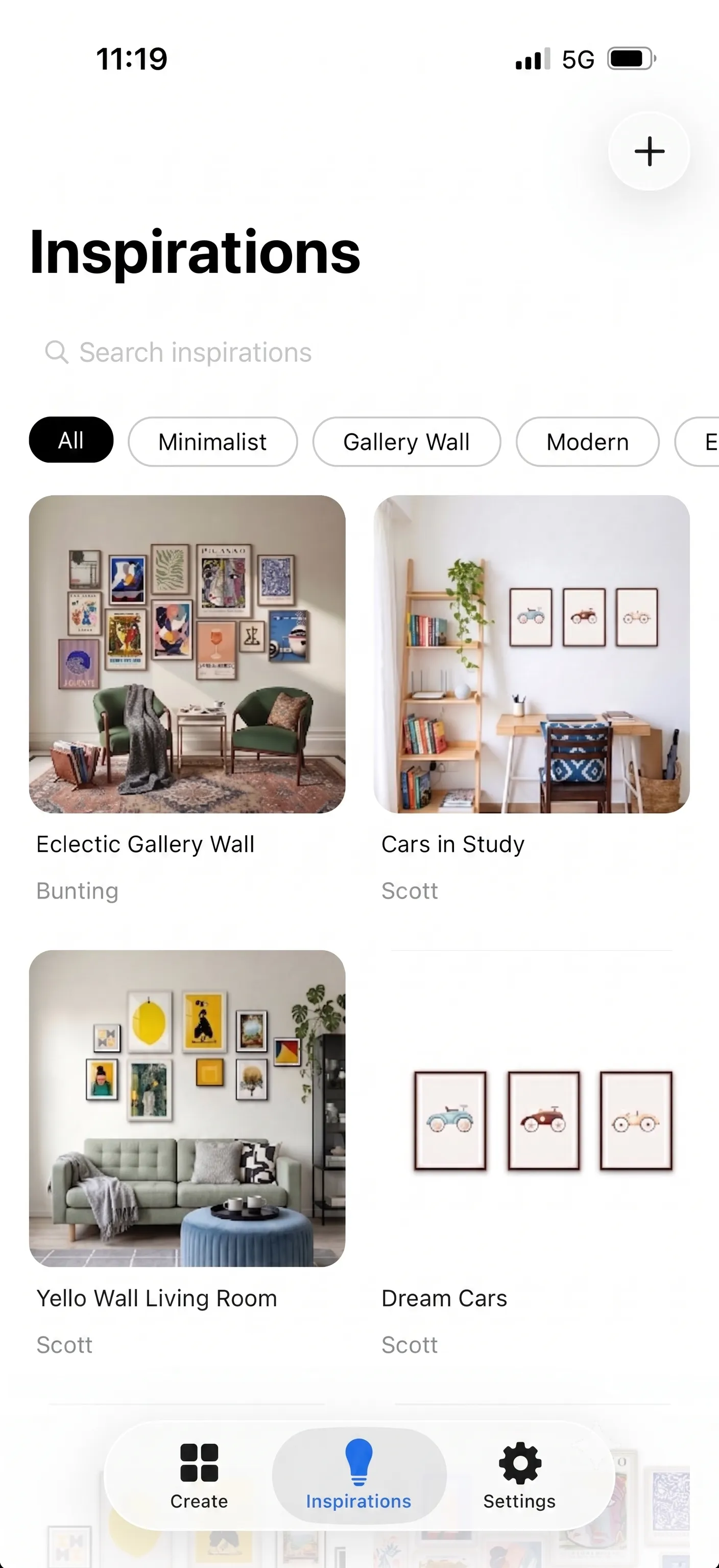 Inspirations feed showing a masonry grid of gallery wall photos with filter chips.
