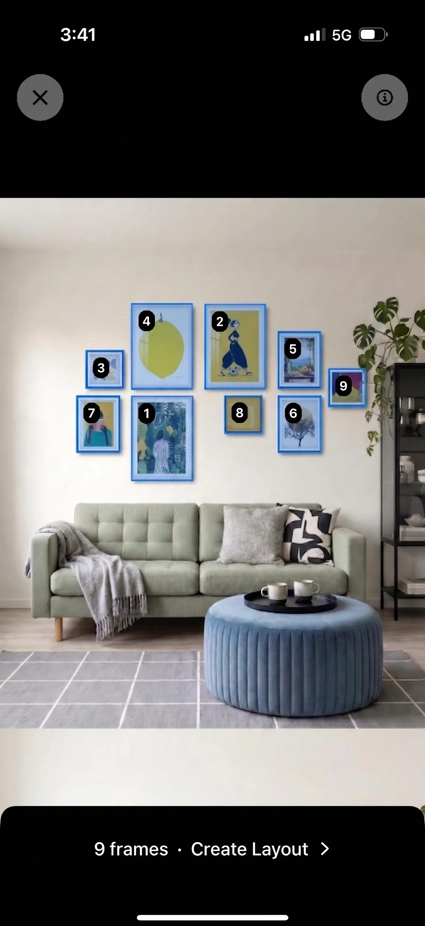 Photo-to-layout in the Suprtiles app showing a room photo with numbered frame detections.